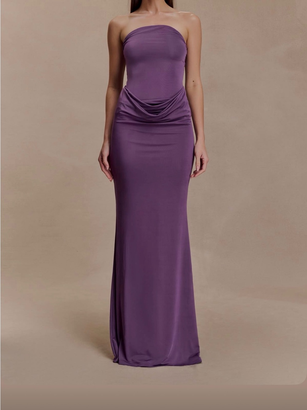 Meshki Strapless Draped-Waist Evening Gown in Purple
